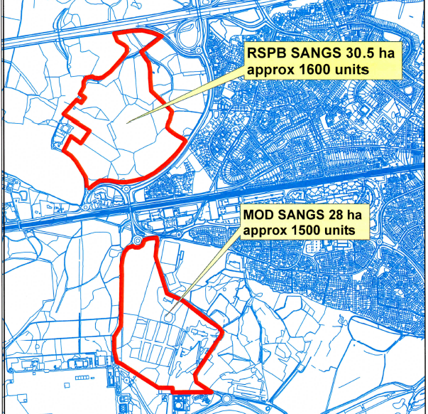 Proposed SANGs at Bramshot Farm and MoD land near Fleet Hampshire for Sun Park and Pyestock (Hartland Village).