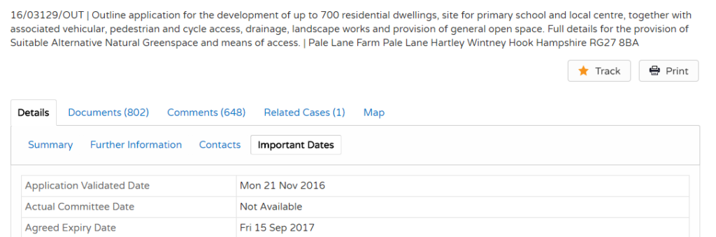 Pale Lane (Elvetham Chase) planning application dates