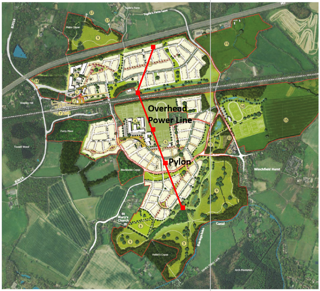 Winchfield Garden Community Master Plan with pylons and powerline