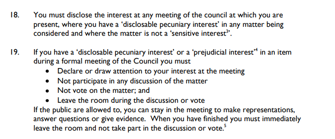 Councillors must declare interests in meetings and not participate in discussion